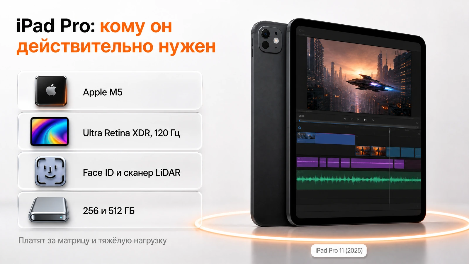 Инфографика: iPad Pro 11 — чип Apple M5, матрица Ultra Retina XDR 120 Гц, Face ID и LiDAR
