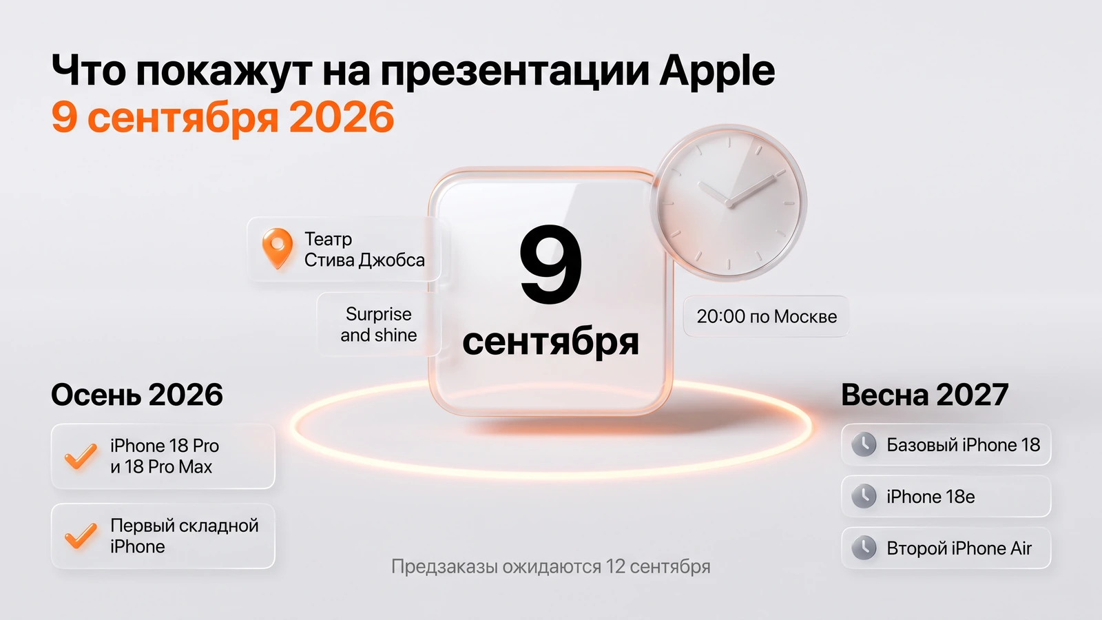 Инфографика: презентация Apple 9 сентября 2026 — что покажут осенью и что весной 2027 года