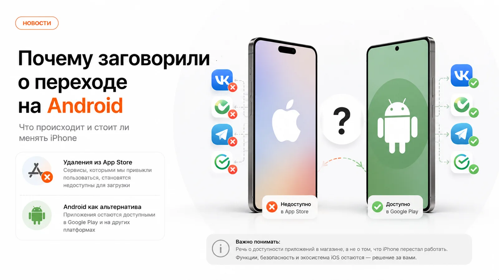 Инфографика: приложения VK и Telegram недоступны в App Store, но доступны в Google Play на Android