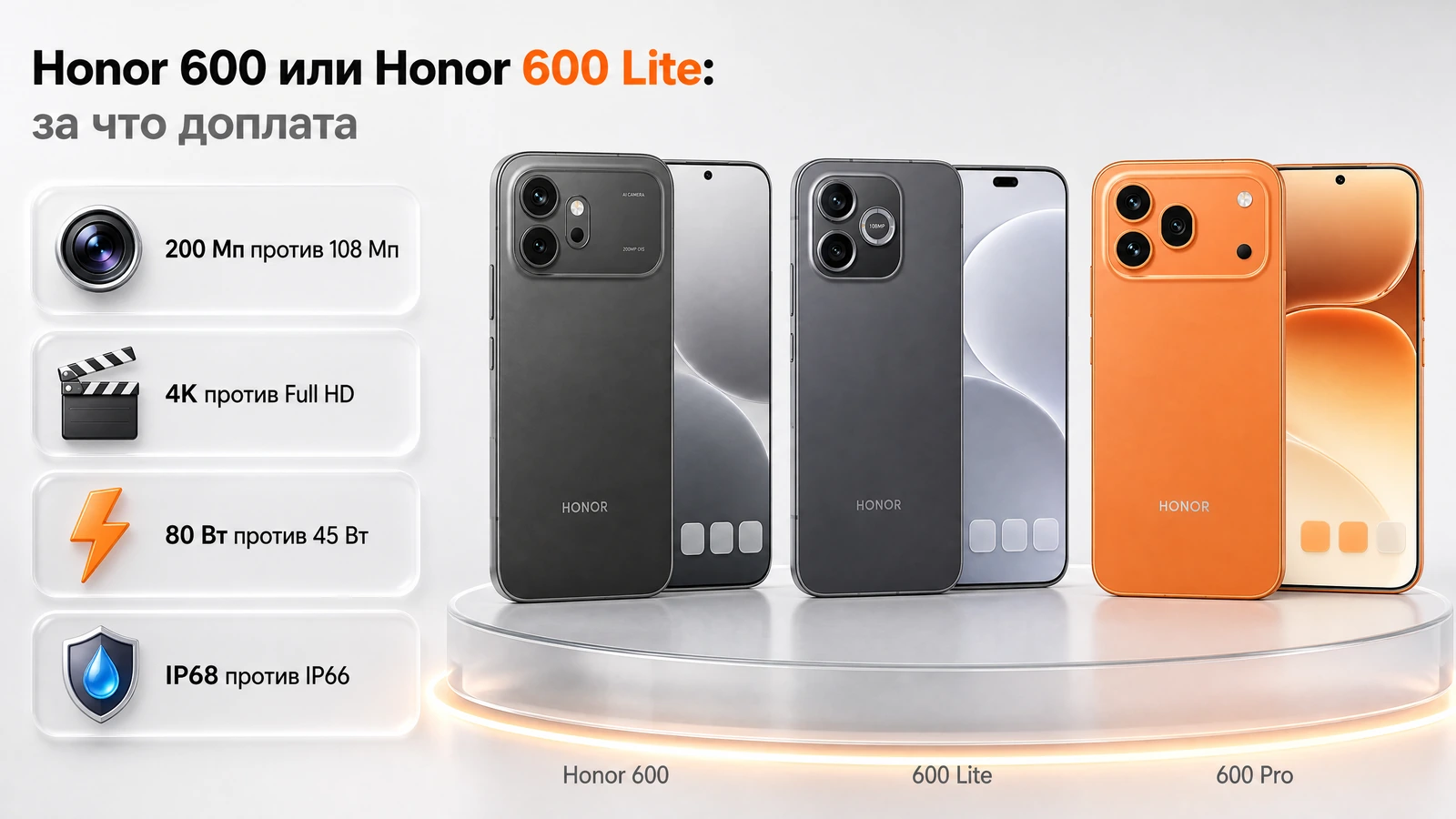 Инфографика: за что доплата в Honor 600 по сравнению с 600 Lite — камера, видео, зарядка и защита