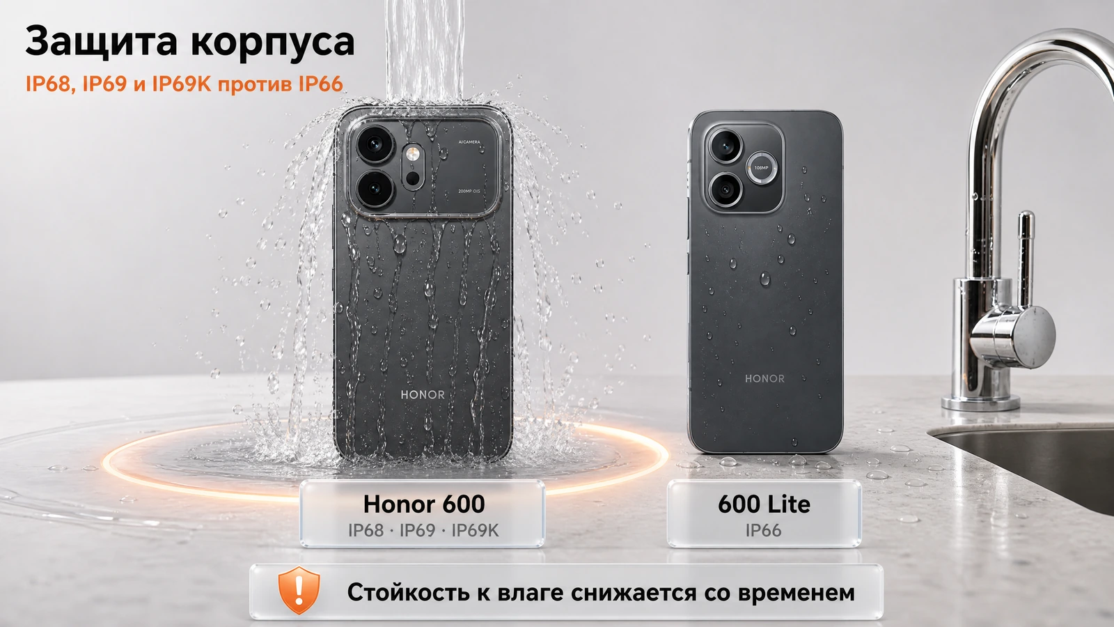 Защита корпуса Honor: IP68, IP69 и IP69K у Honor 600 против IP66 у 600 Lite