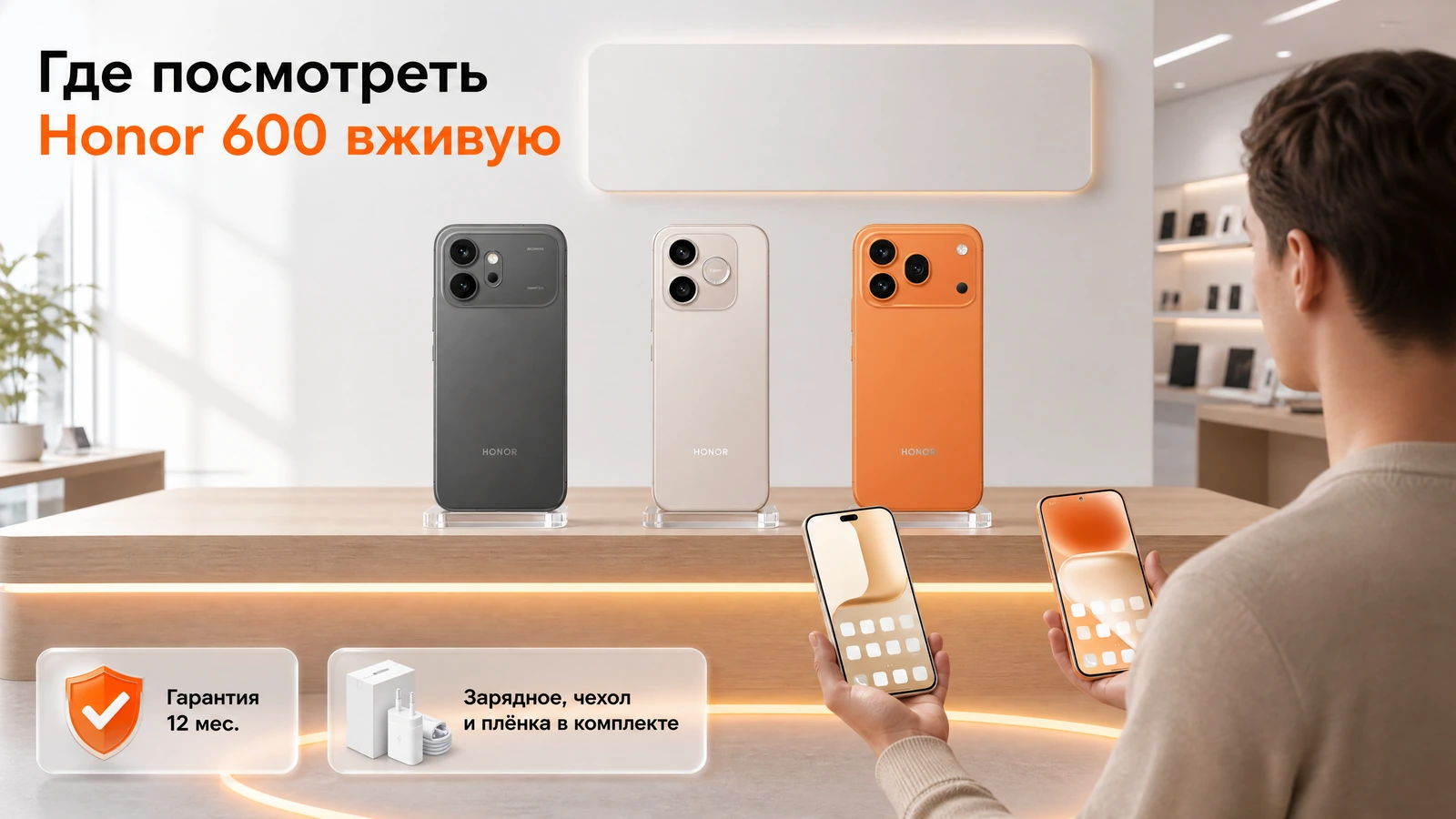 Витрина магазина: три смартфона линейки Honor 600 рядом, покупатель сравнивает вес двух аппаратов
