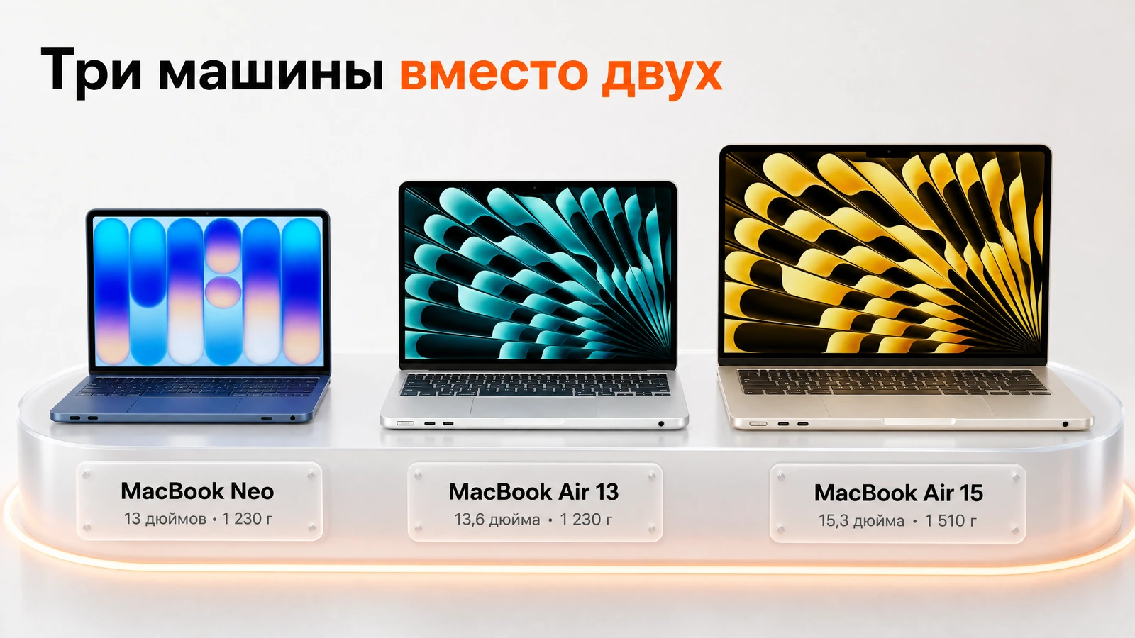 Три ноутбука Apple в ряд: MacBook Neo 13 дюймов, MacBook Air 13,6 дюйма и MacBook Air 15,3 дюйма
