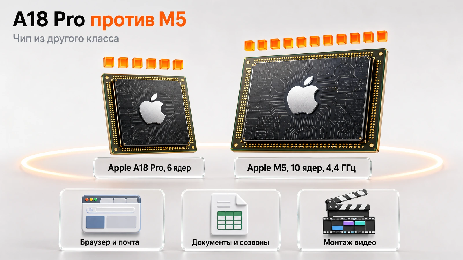 Два процессора Apple: A18 Pro на 6 ядер и M5 на 10 ядер, 4,4 ГГц