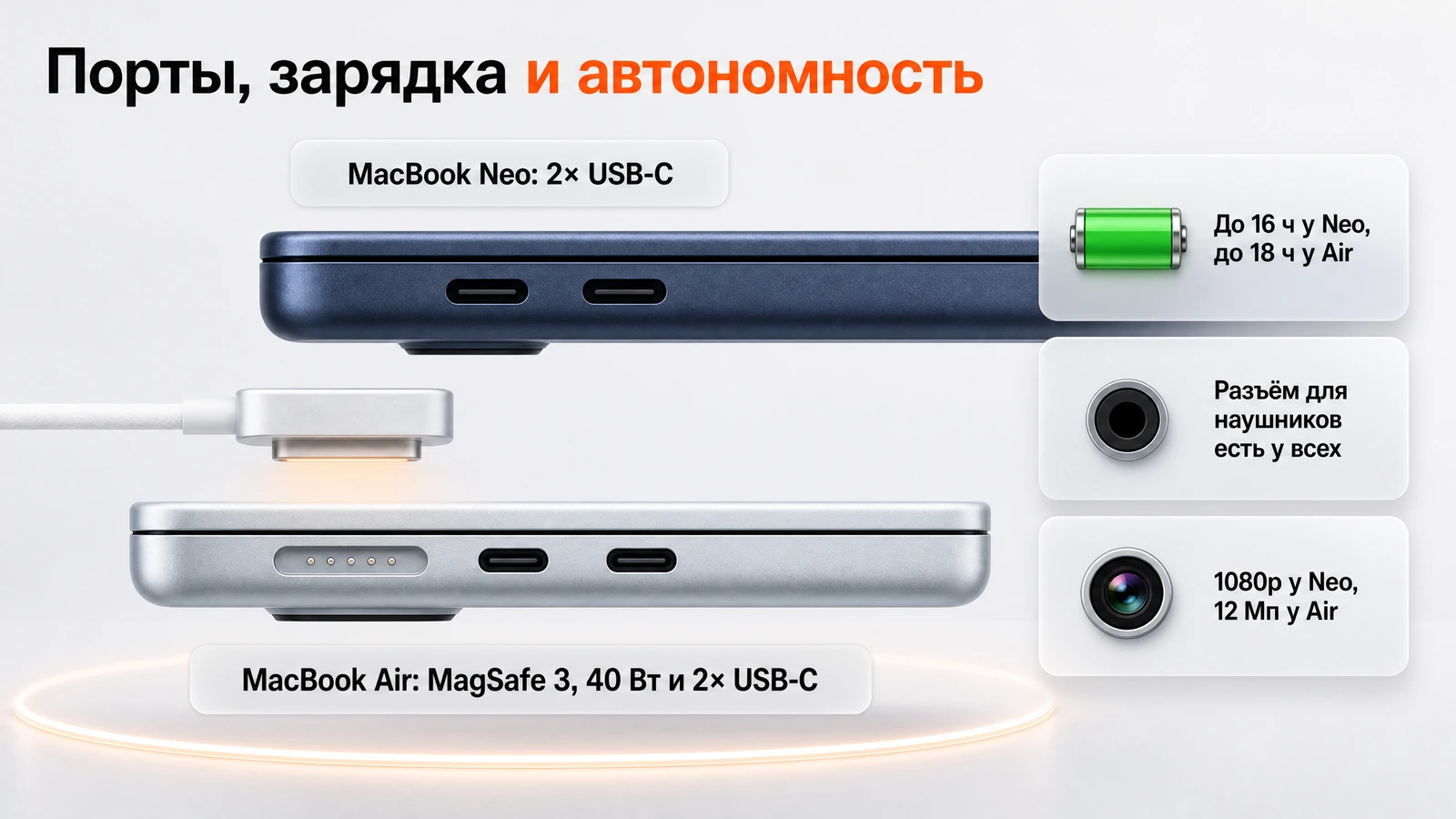 Порты MacBook: два USB-C у Neo и MagSafe 3 с двумя USB-C у Air