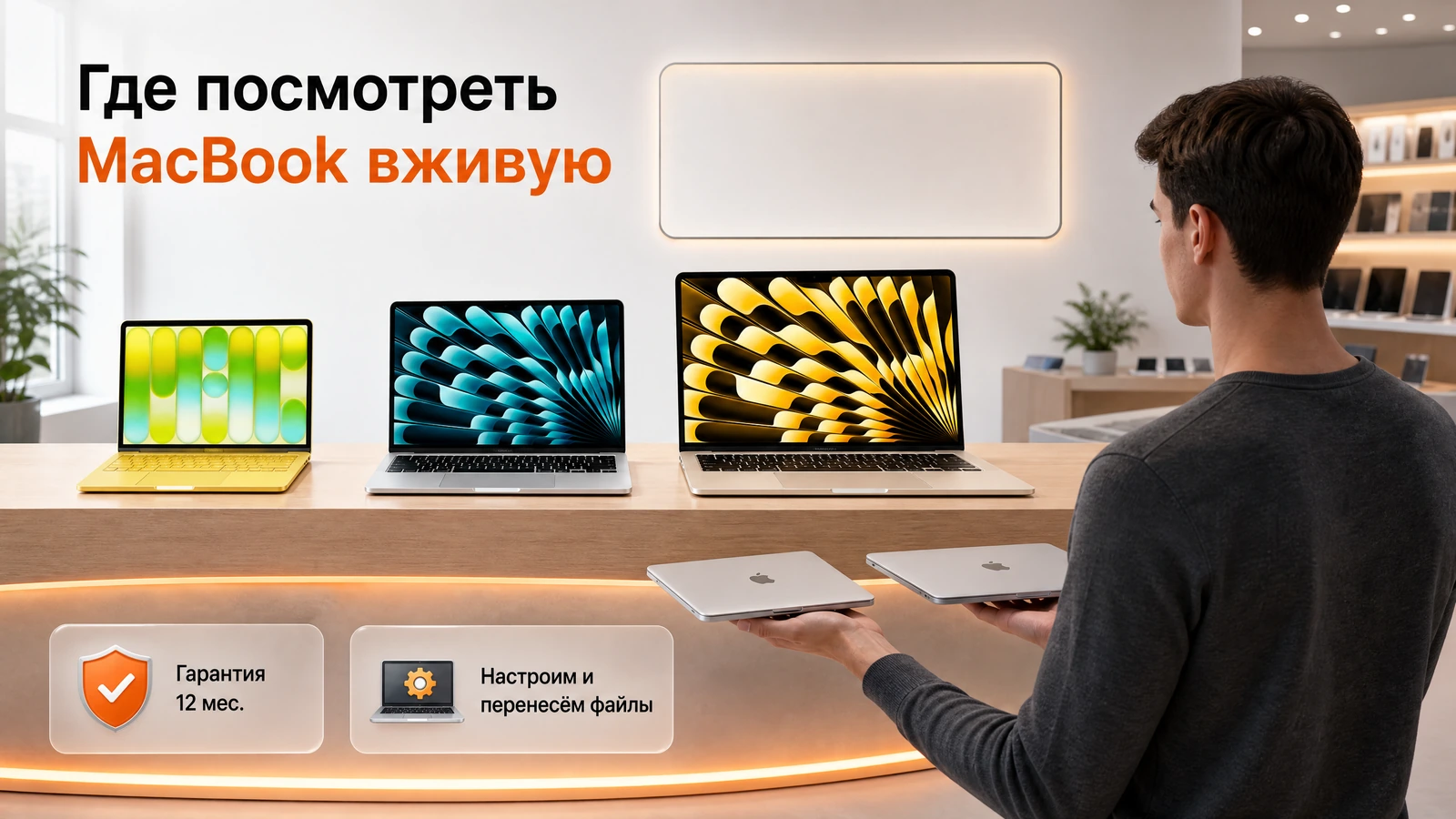 Витрина магазина: три открытых MacBook рядом, покупатель сравнивает вес двух корпусов