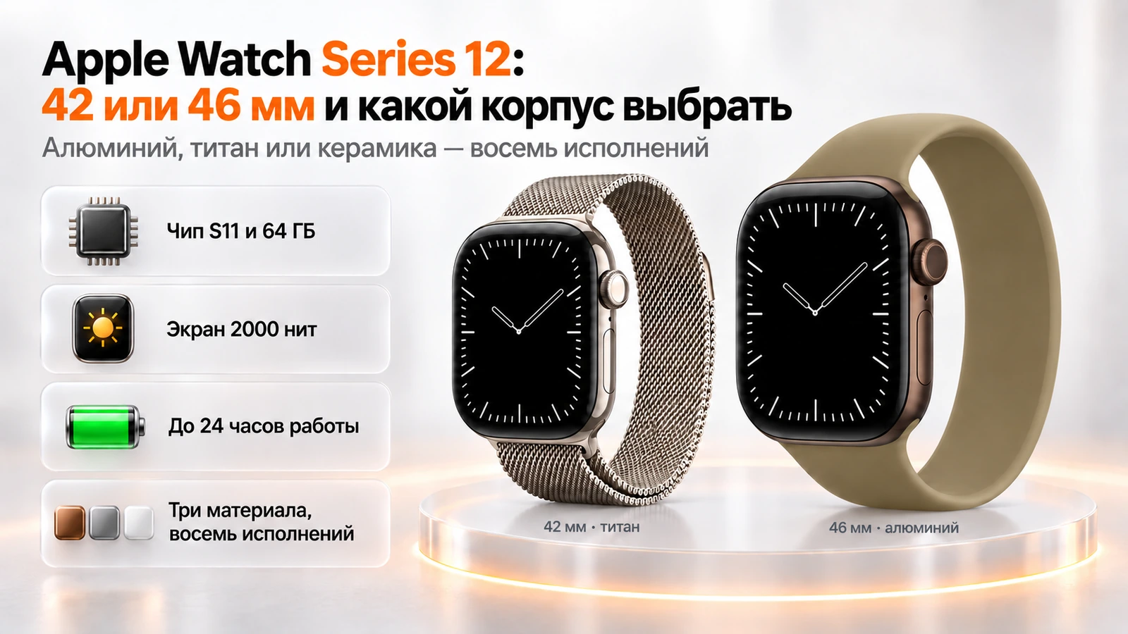 Apple Watch Series 12: два размера корпуса, 42 и 46 мм, три материала и восемь исполнений