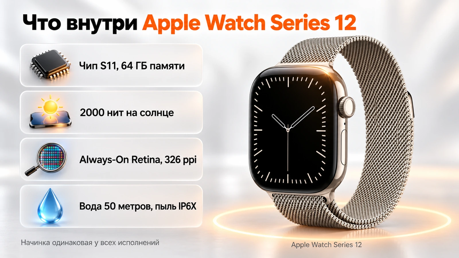 Что внутри Apple Watch Series 12: чип S11, 64 ГБ памяти, экран 326 ppi и 2000 нит, вода 50 метров