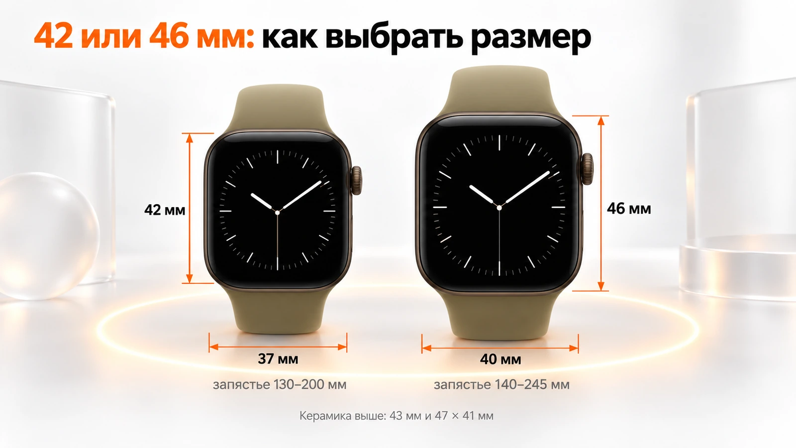 Сравнение корпусов Apple Watch Series 12: 42 на 37 мм и 46 на 40 мм, запястья 130–200 и 140–245 мм