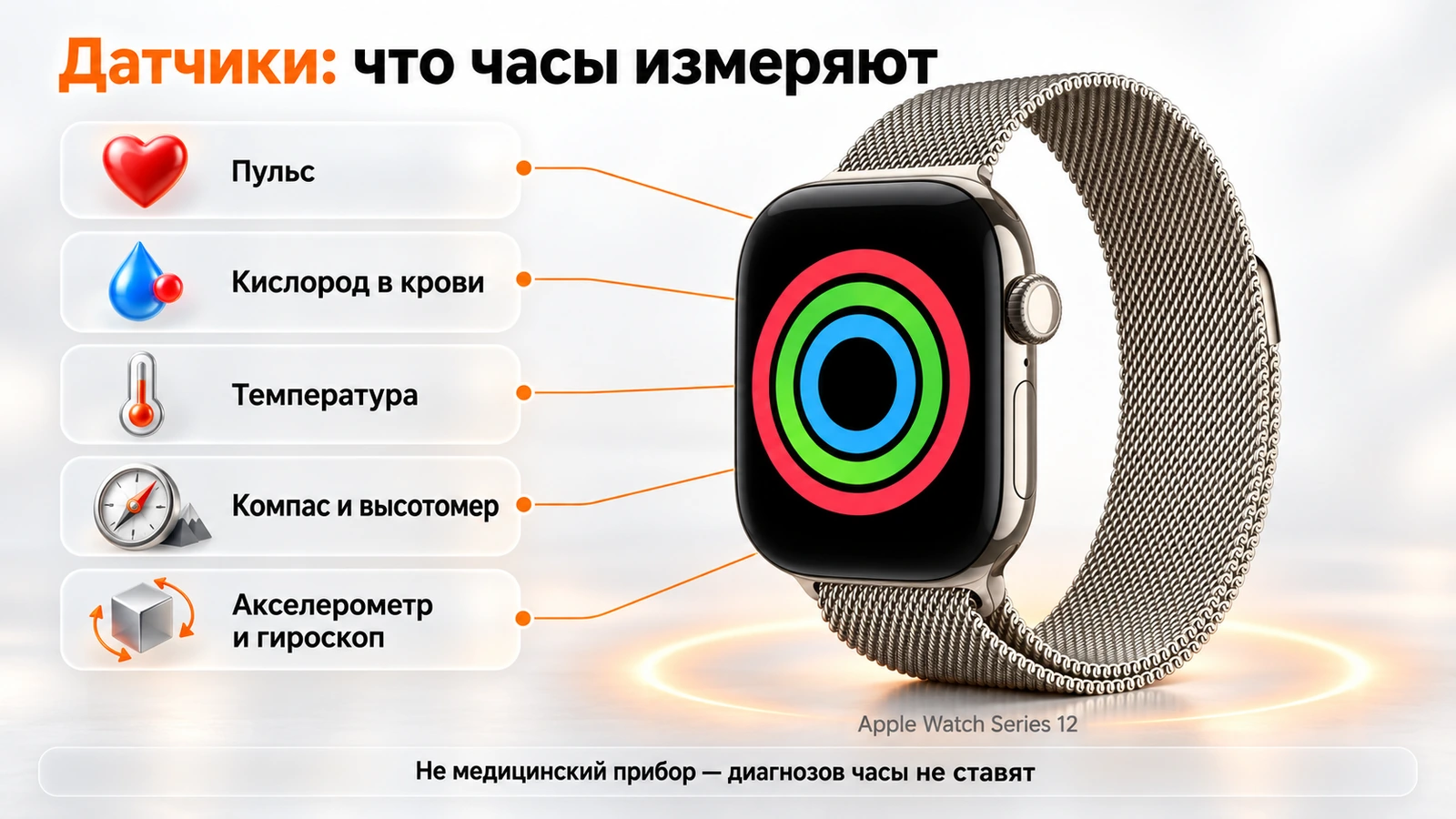 Датчики Apple Watch Series 12: пульс, кислород в крови, температура, компас и высотомер, акселерометр и гироскоп