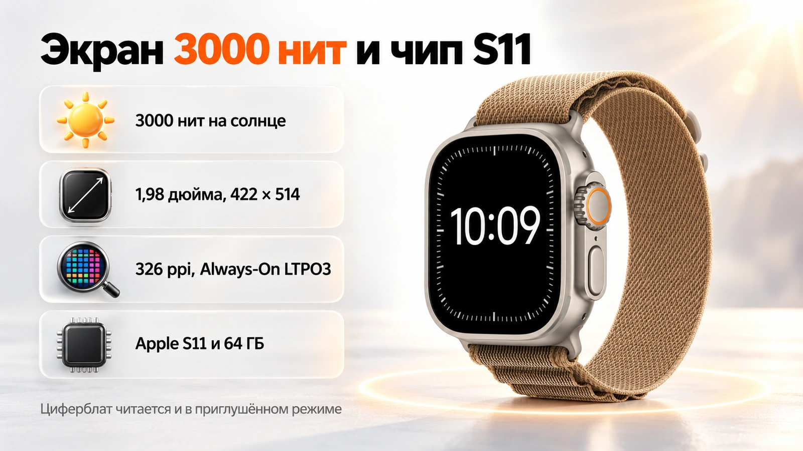 Экран Apple Watch Ultra 4: 3000 нит, 1,98 дюйма, 422 &times; 514 точек и чип Apple S11