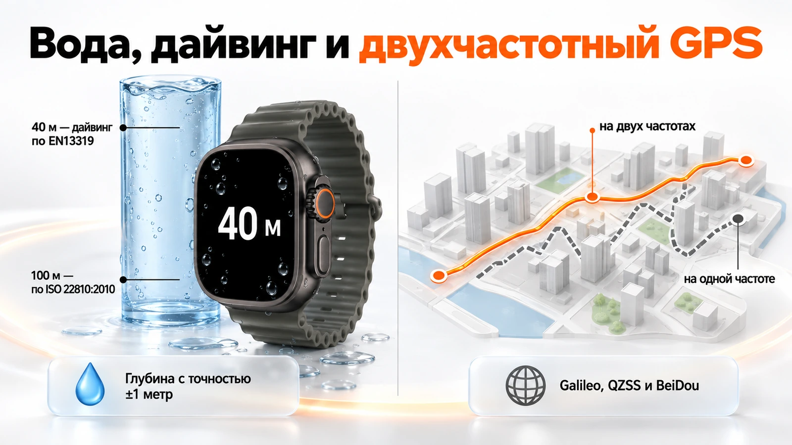 Apple Watch Ultra 4: вода 100 метров по ISO 22810:2010, дайвинг до 40 метров по EN13319 и двухчастотный GPS