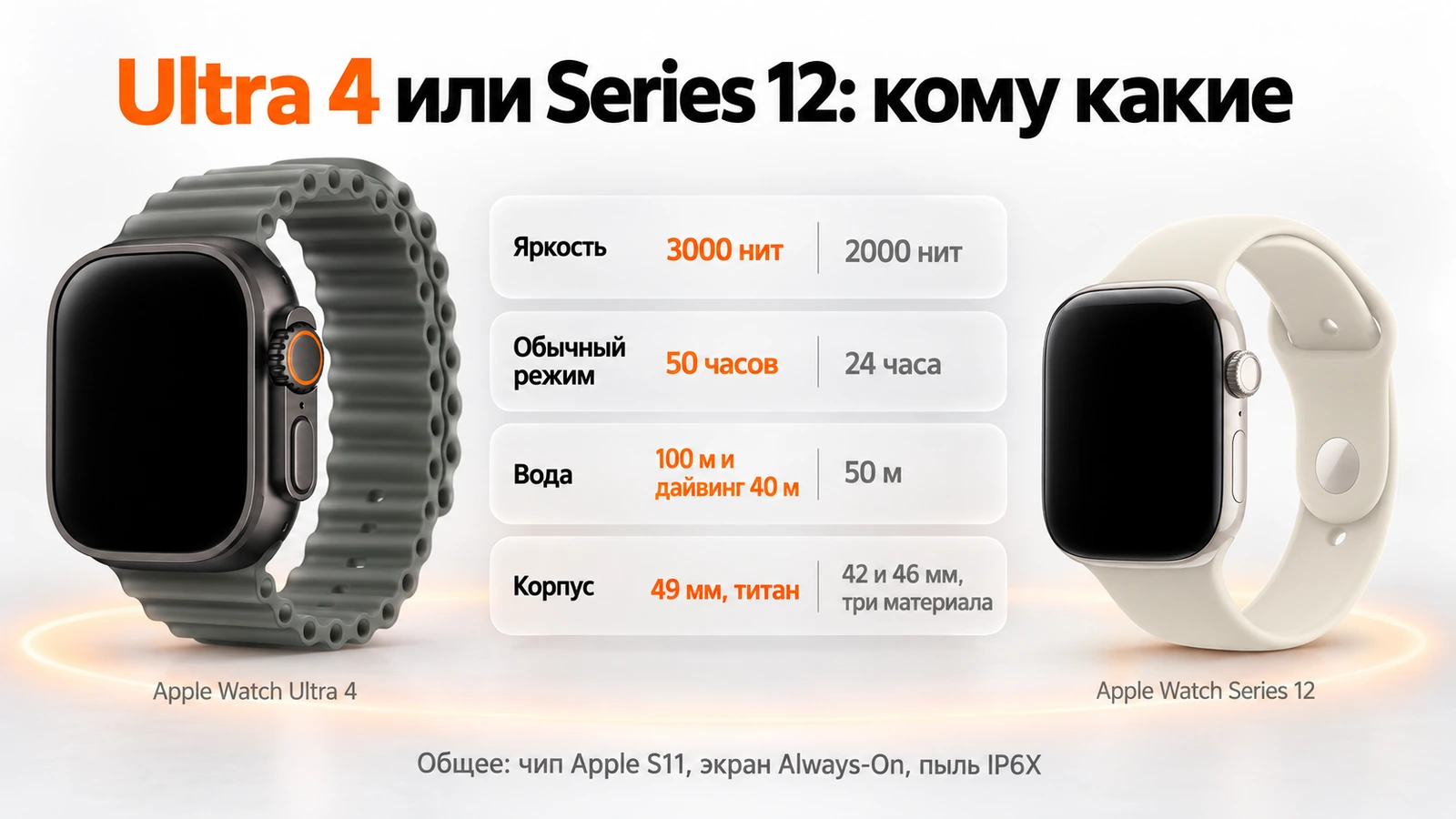 Apple Watch Ultra 4 или Series 12: сравнение по яркости, автономности, водозащите и корпусу