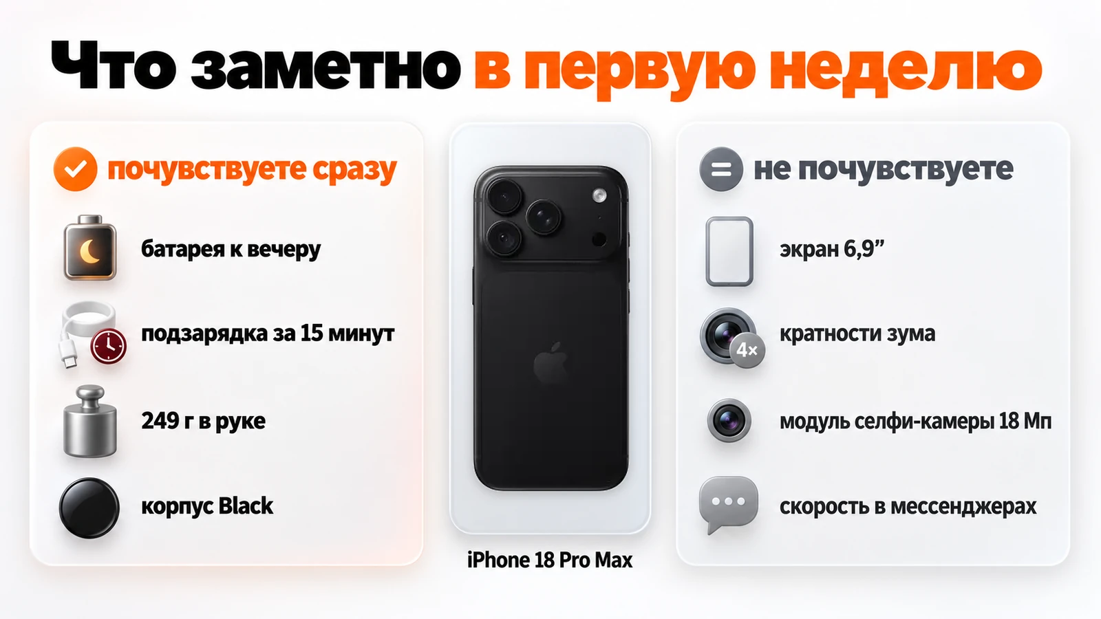 Что заметно в первую неделю с iPhone 18 Pro Max: батарея, быстрая подзарядка, вес 249 г и корпус Black