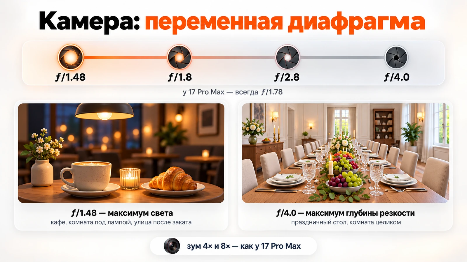 Переменная диафрагма iPhone 18 Pro Max: ƒ/1.48 для вечерних кадров и ƒ/4.0 для общего снимка за столом
