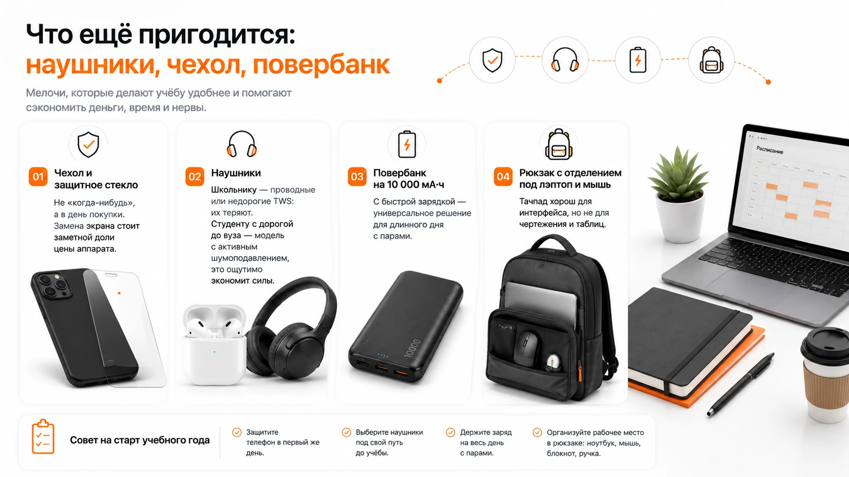 Инфографика — что ещё пригодится: наушники, чехол, повербанк