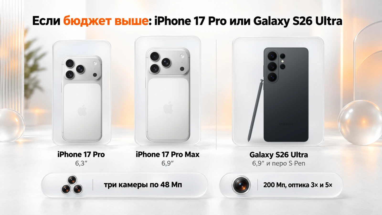 iPhone 17 Pro, iPhone 17 Pro Max и Galaxy S26 Ultra с пером S Pen
