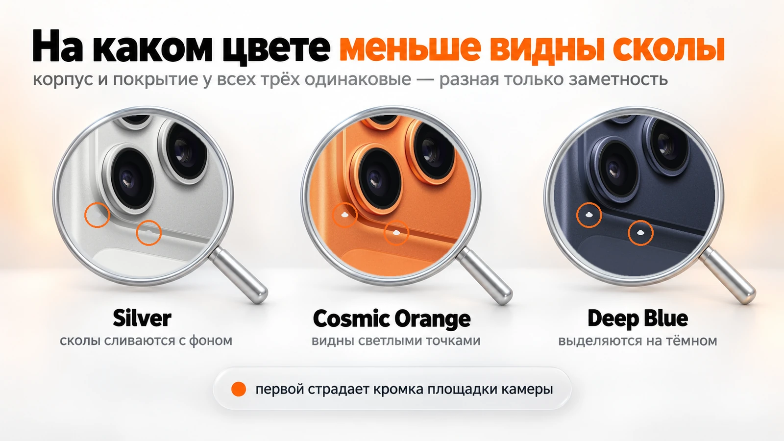 Сколы на кромке камеры iPhone 17 Pro Max: Silver, Cosmic Orange и Deep Blue