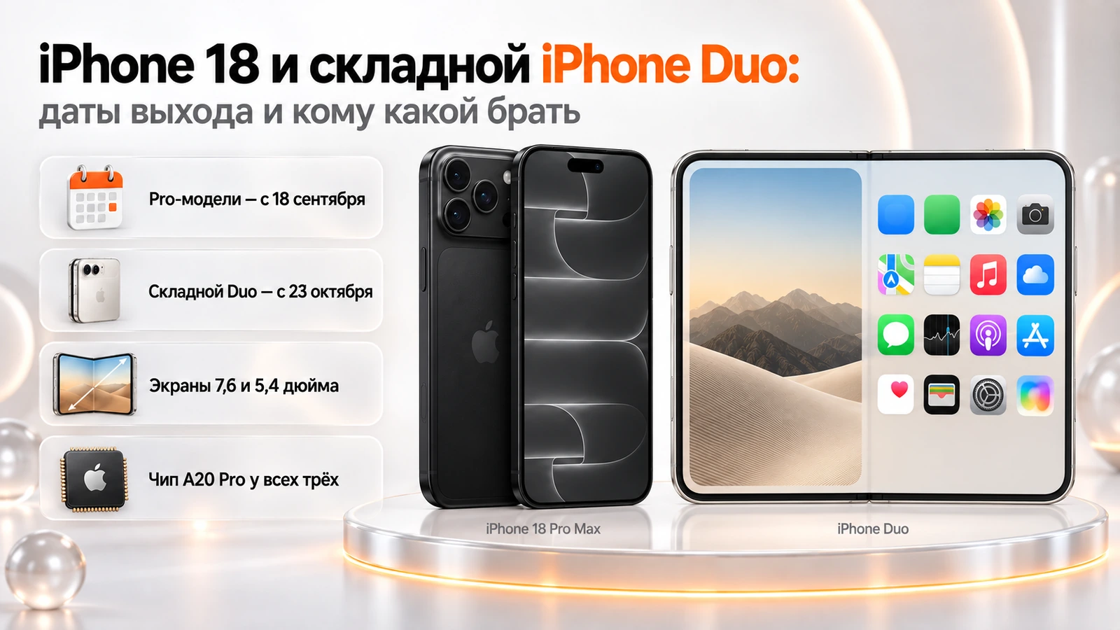 Инфографика: iPhone 18 Pro, 18 Pro Max и складной iPhone Duo — даты выхода осени 2026