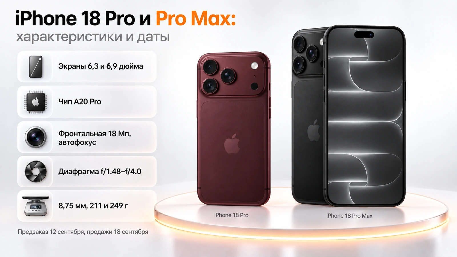 iPhone 18 Pro и 18 Pro Max: экраны 6,3 и 6,9 дюйма, чип A20 Pro, фронтальная камера 18 Мп, переменная диафрагма f/1.48–f/4.0, толщина 8,75 мм, вес 211 и 249 г