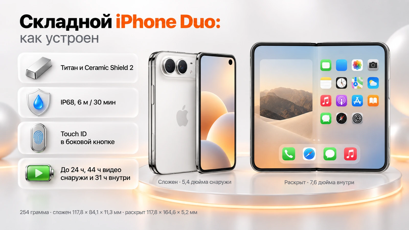 Складной iPhone Duo в двух положениях: 5,4 дюйма снаружи, 7,6 дюйма внутри, 254 грамма, до 24 часов работы
