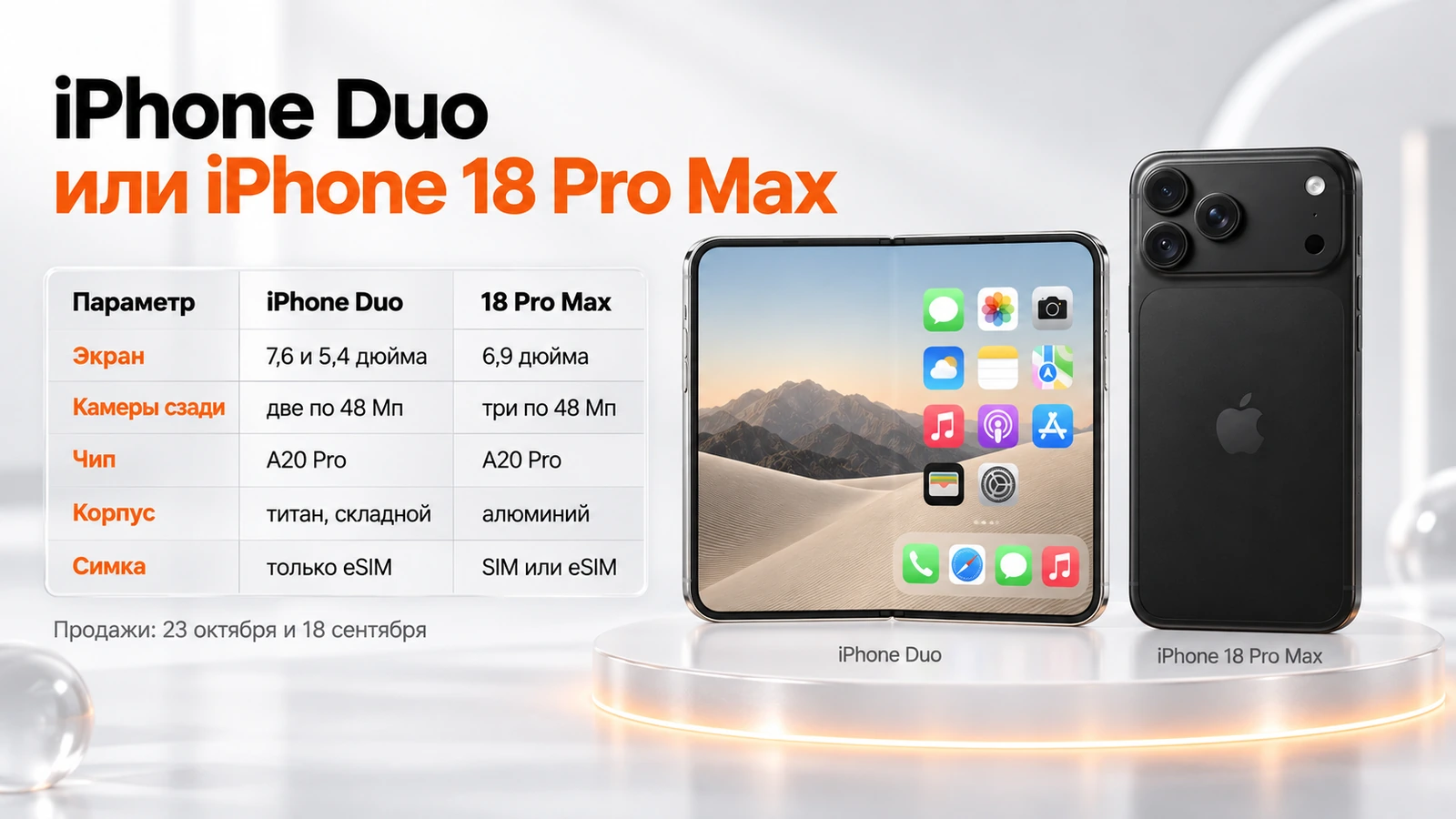 Сравнение iPhone Duo и iPhone 18 Pro Max: экран, камеры, чип, корпус и симка