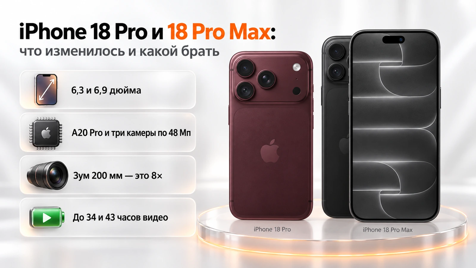 Инфографика: iPhone 18 Pro и 18 Pro Max — экраны 6,3 и 6,9 дюйма, чип A20 Pro, зум 200 мм и до 43 часов видео