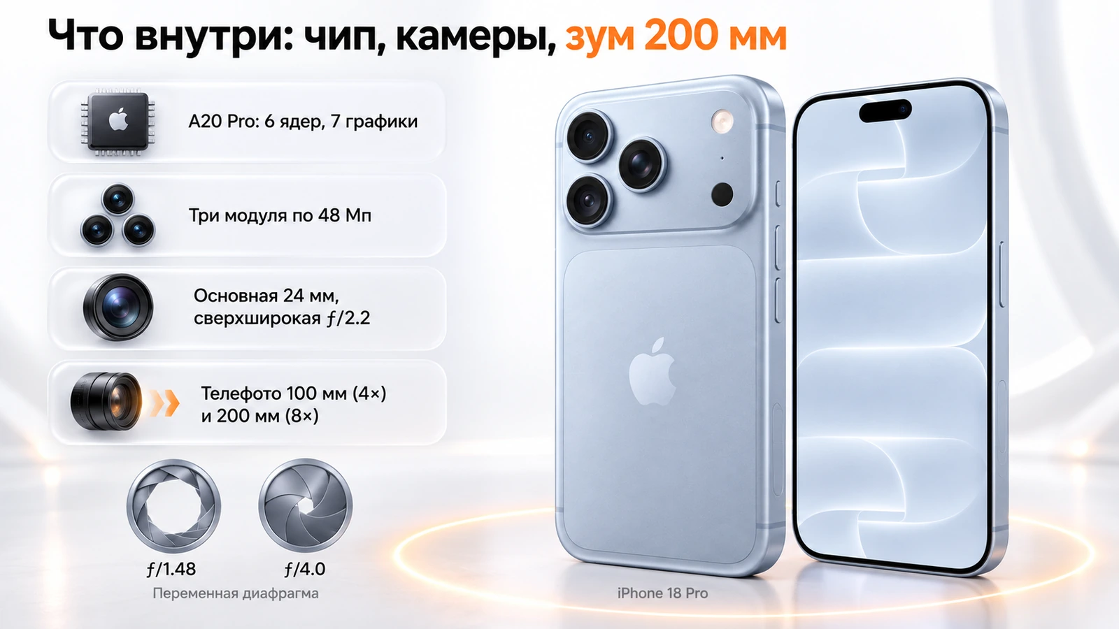 Камеры iPhone 18 Pro: три модуля по 48 Мп, переменная диафрагма ƒ/1.48–ƒ/4.0, телефото 100 и 200 мм и чип A20 Pro