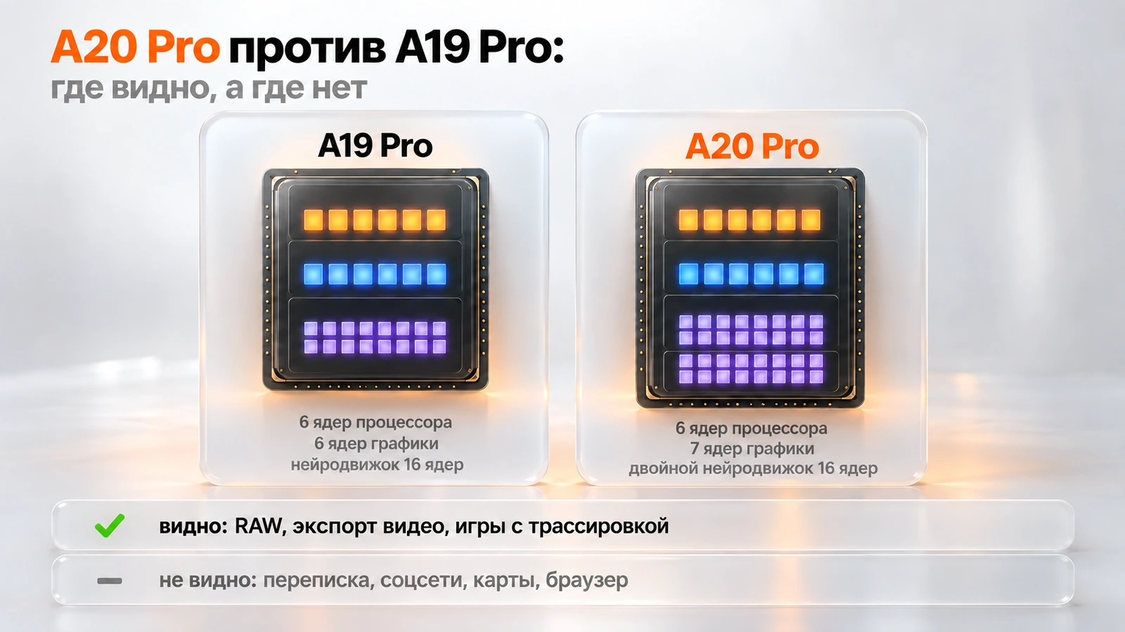 Чипы A19 Pro и A20 Pro: седьмое ядро графики и двойной нейродвижок у нового поколения