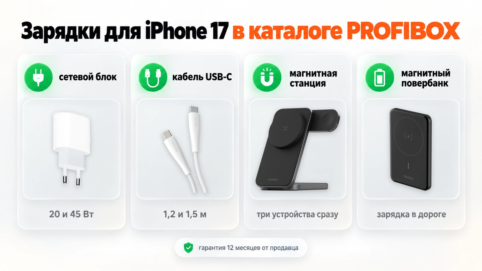 Зарядки для iPhone 17 в каталоге PROFIBOX: сетевой блок, кабель USB-C, магнитная станция и магнитный повербанк