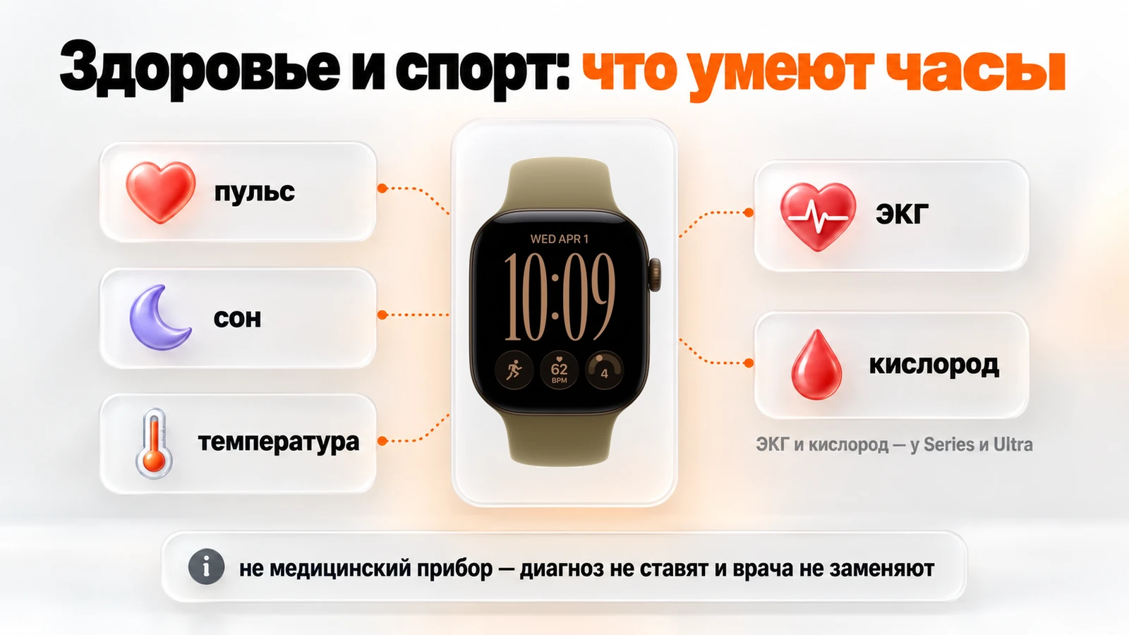Что умеют Apple Watch: пульс, сон, температура, ЭКГ и кислород; часы — не медицинский прибор