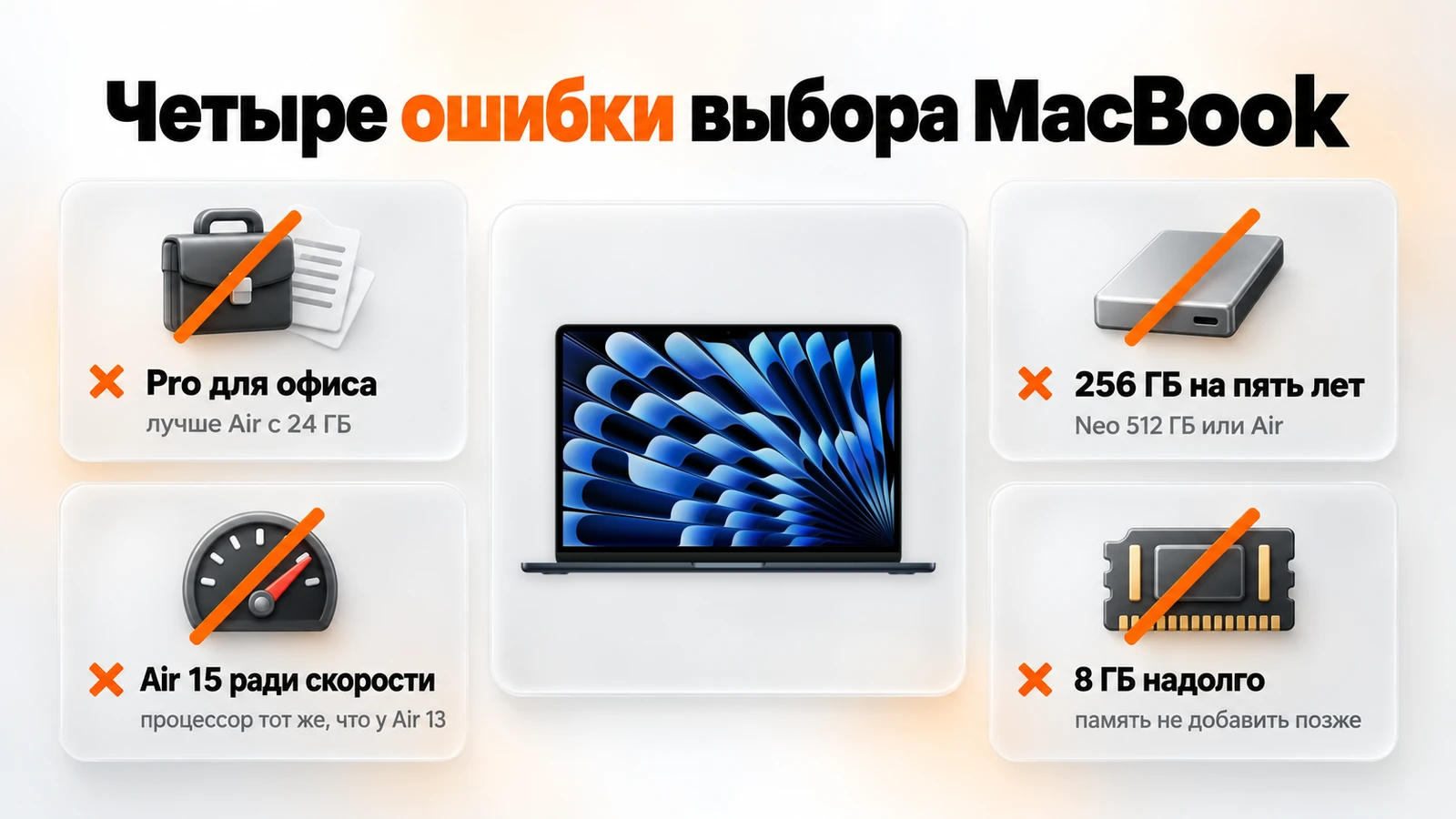 Четыре ошибки выбора MacBook: Pro для офиса, 256 ГБ на пять лет, Air 15 ради скорости, 8 ГБ надолго