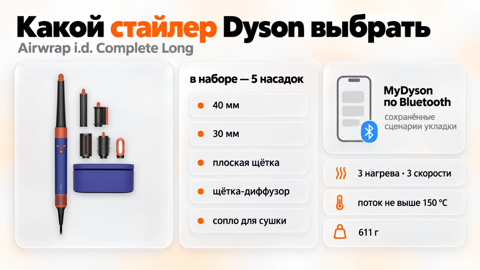 Стайлер Dyson Airwrap i.d. Complete Long: пять насадок, MyDyson по Bluetooth, 3 нагрева и 3 скорости, 611 г