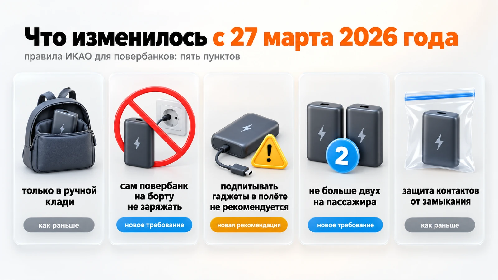 Правила ИКАО для повербанков с 27 марта 2026 года: только ручная кладь, не заряжать на борту, не больше двух на пассажира