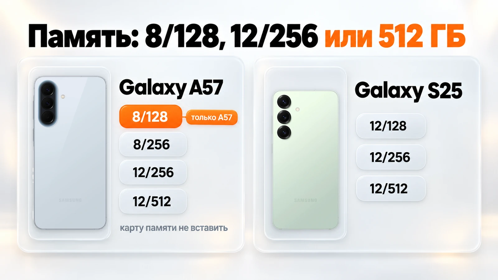 Версии памяти Galaxy A57 и S25 в каталоге: у A57 от 8/128 до 12/512 ГБ, у S25 от 12/128 до 12/512 ГБ
