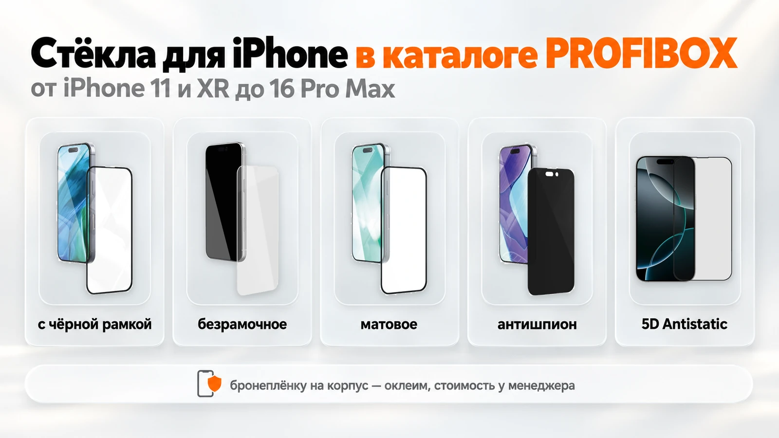 Стёкла для iPhone в каталоге PROFIBOX: с чёрной рамкой, безрамочное, матовое, антишпион и 5D Antistatic