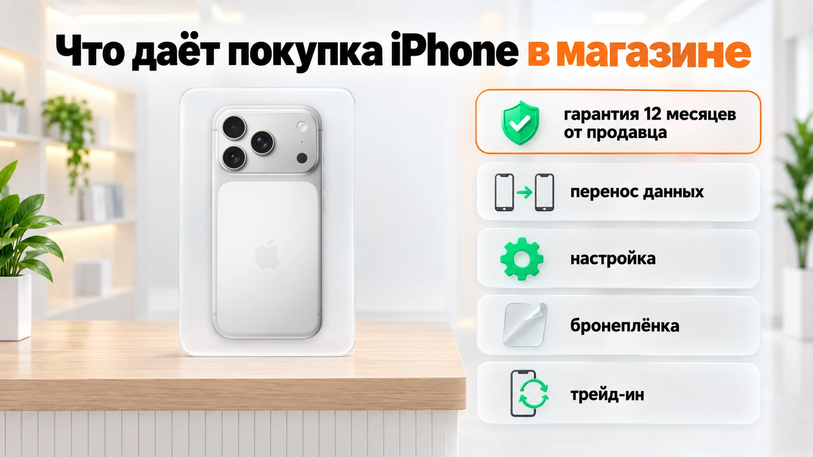 Что даёт покупка iPhone в магазине: гарантия 12 месяцев от продавца, перенос данных, настройка, бронеплёнка и трейд-ин