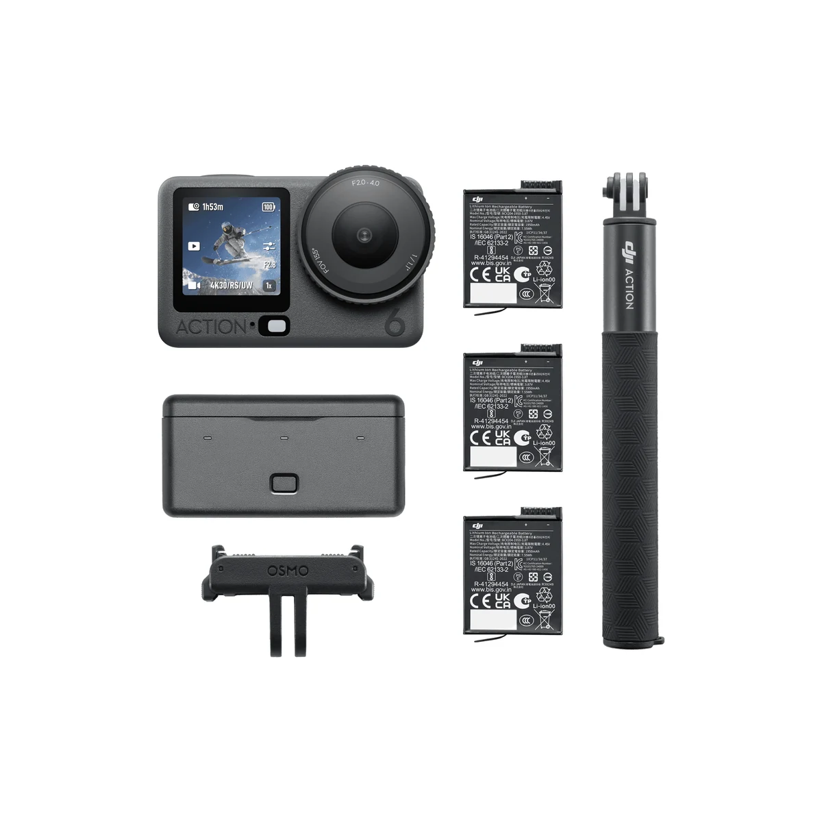 Комплект DJI Osmo Action 6 Adventure Combo — камера, три аккумулятора, зарядный кейс и удлинитель 1.5 м