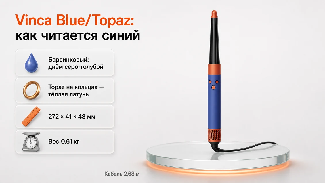 Стайлер Dyson Airwrap i.d. HS08 Vinca Blue/Topaz: барвинково-синяя ручка и кольца тёплой латуни, кабель 2,68 м