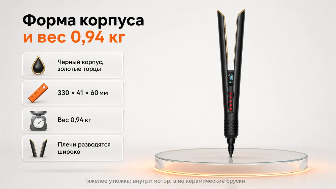 Аэровыпрямитель Dyson Airstrait HT01 Onyx/Gold с раскрытыми плечами: чёрный корпус, золотые торцы, 330 × 41 × 60 мм, 0,94 кг