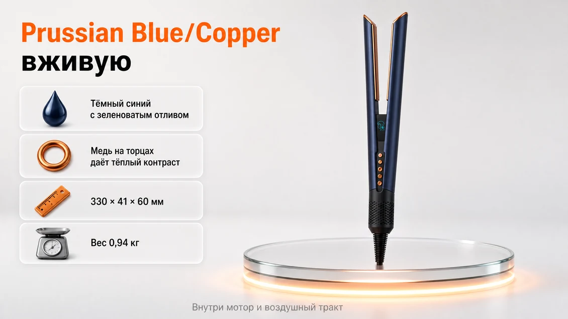 Аэровыпрямитель Dyson Airstrait HT01 Prussian Blue/Copper: тёмно-синий корпус с медными торцами, вес 0,94 кг