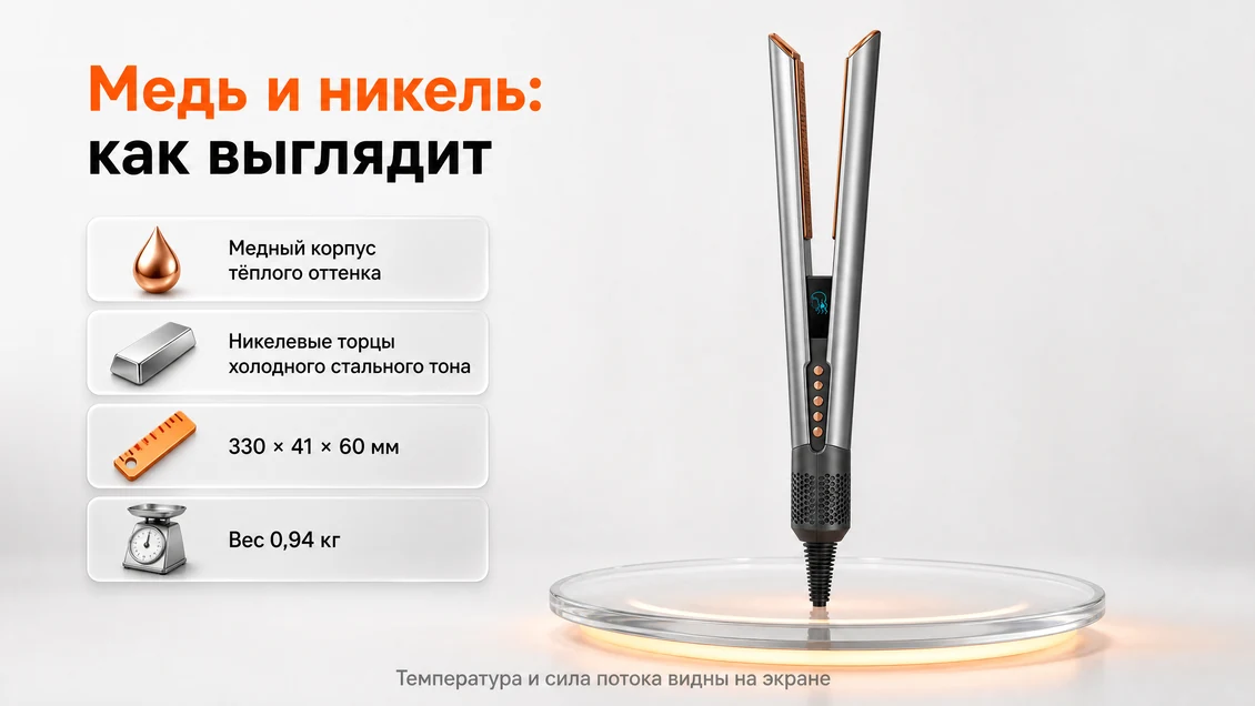 Аэровыпрямитель Dyson Airstrait HT01 Copper/Nickel: медный корпус, никелевые торцы и экран с выбранным режимом