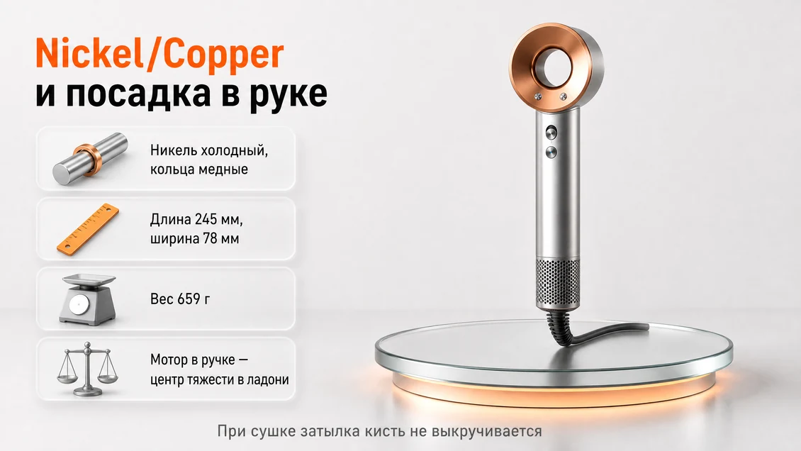Фен Dyson Supersonic HD08 Nickel/Copper: никелевый корпус с медными кольцами, длина 245 мм, вес 659 г