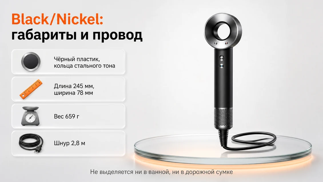 Фен Dyson Supersonic HD08 Black/Nickel: чёрный матовый корпус с кольцами стального оттенка, шнур 2,8 м