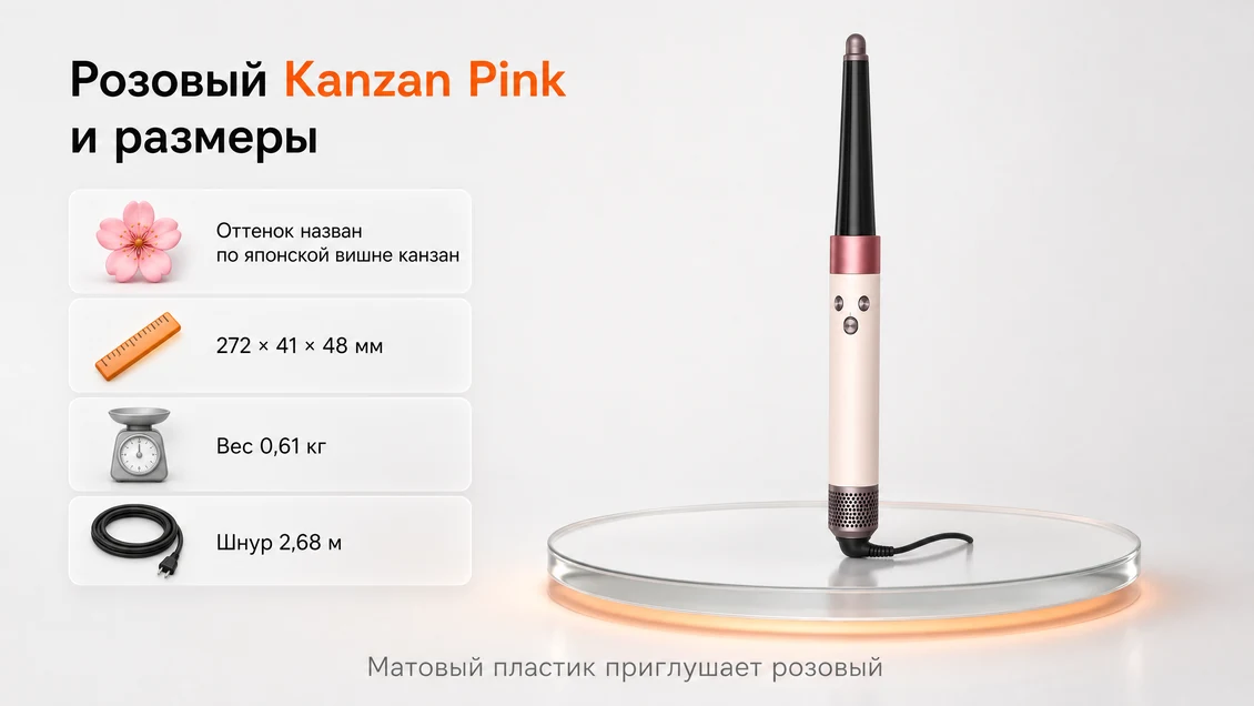 Стайлер Dyson Airwrap i.d. HS08 Kanzan Pink: розовый корпус, размеры 272 × 41 × 48 мм и вес 0,61 кг