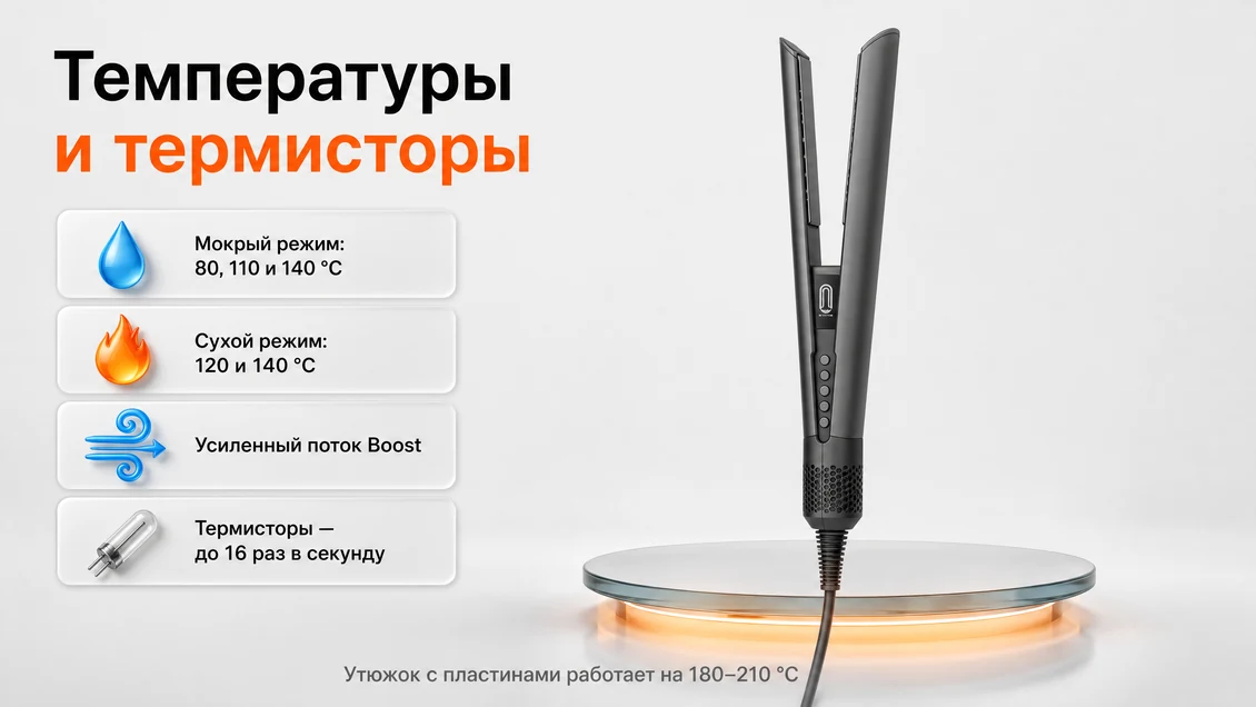 Температуры аэровыпрямителя Dyson Airstrait: мокрый режим 80, 110 и 140 °C, сухой 120 и 140 °C, термисторы до 16 раз в секунду