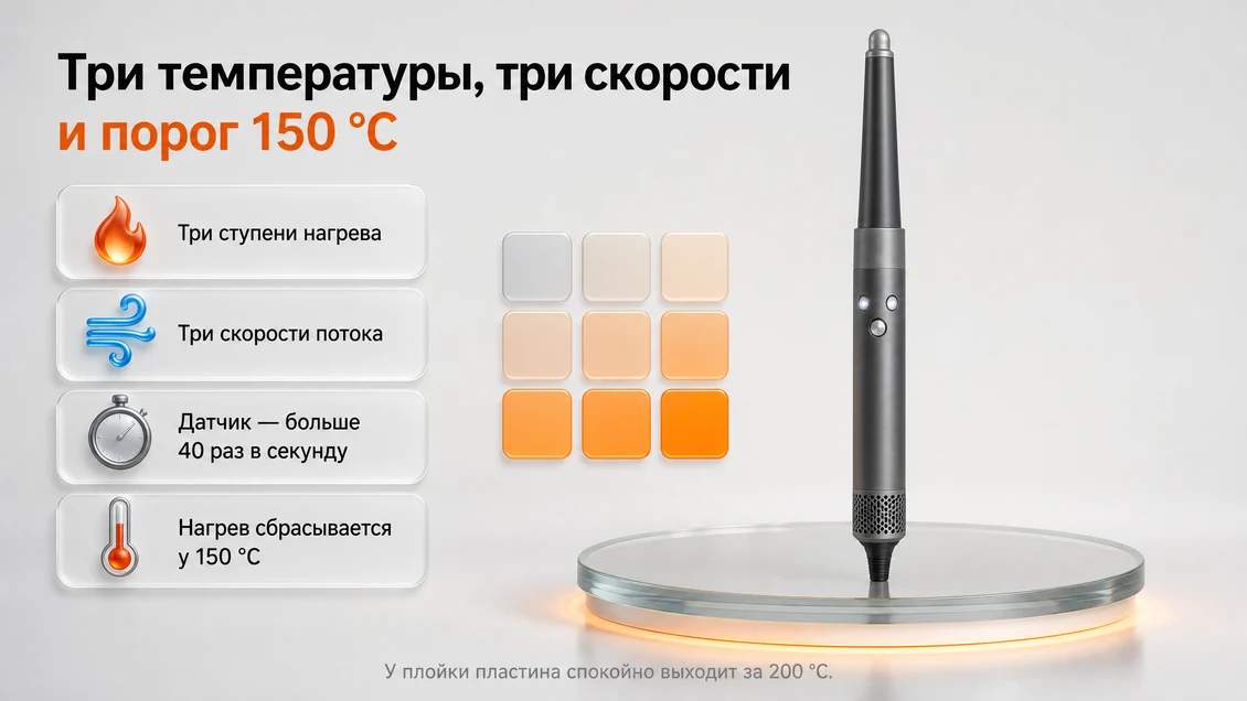 Три ступени нагрева и три скорости потока стайлера Dyson Airwrap, датчик сбрасывает нагрев у 150 °C