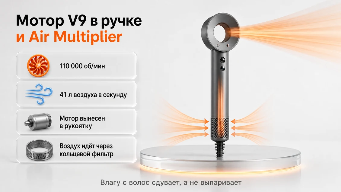 Схема фена Dyson Supersonic: мотор V9 в рукоятке, забор воздуха через кольцевой фильтр и 41 литр направленного потока в секунду