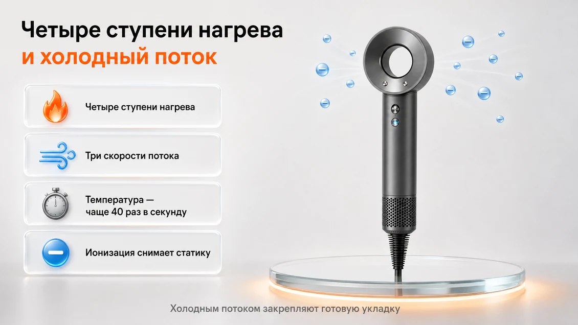 Четыре ступени нагрева и три скорости фена Dyson Supersonic, ионизация снимает статический заряд с волос