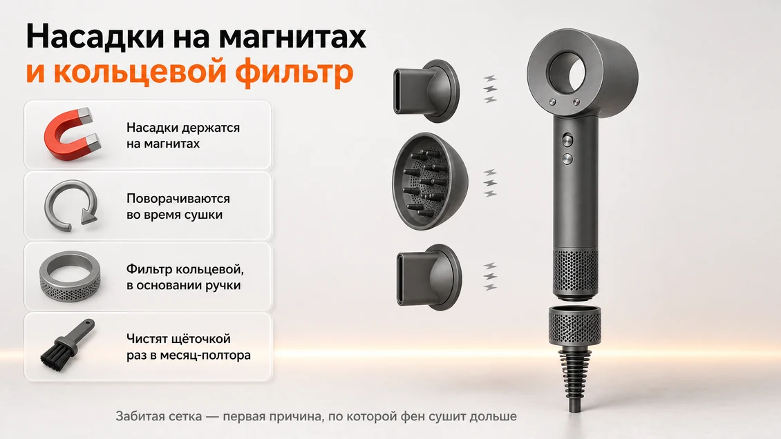 Насадки фена Dyson Supersonic на магнитном креплении и снятое кольцо фильтра в основании ручки